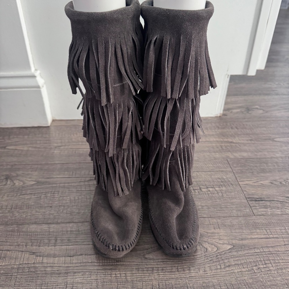 Minnetonka 3-Layer Fringe Suede Moccasin Boots Charcoal Grey Mid Calf
